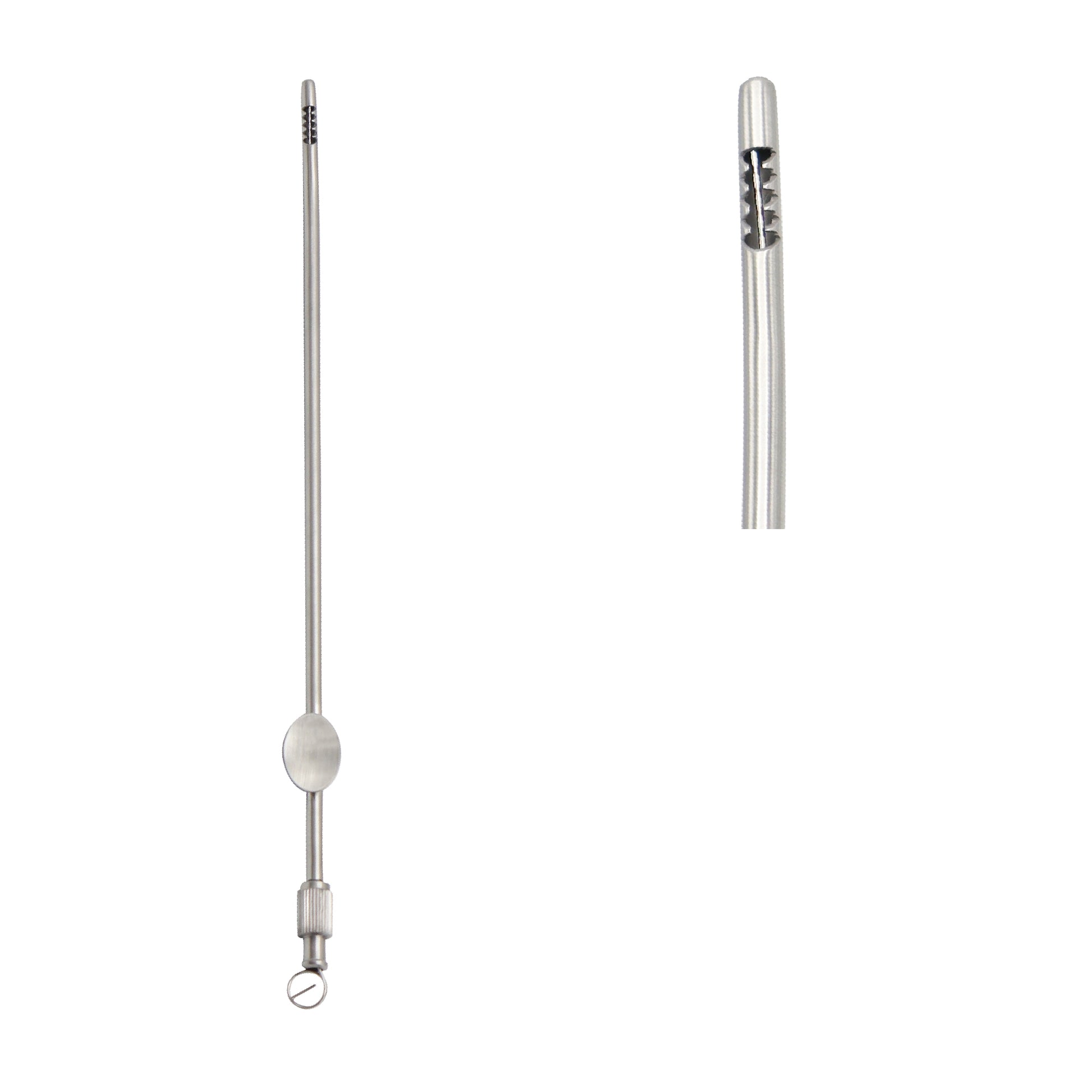 Stainless steel Novak suction biopsy curette with a blunt rounded tip, perforated micro-holes for tissue collection, a circular thumb grip, and a Luer lock adapter at the base, shown alongside a detailed close-up of the tip.