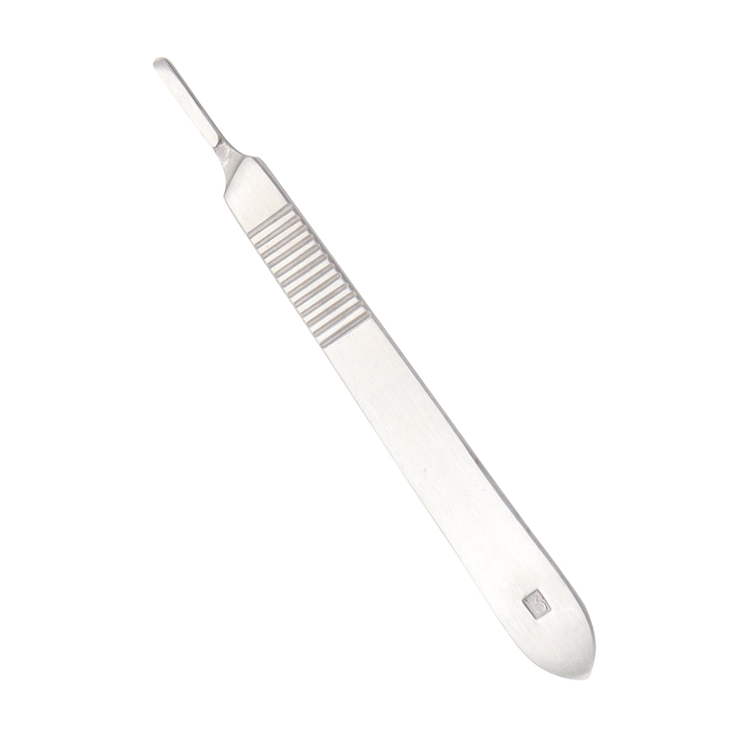  A medical-grade stainless steel No. 3 scalpel handle with a ribbed, anti-slip grip and a precision-engineered tip for holding surgical blades.