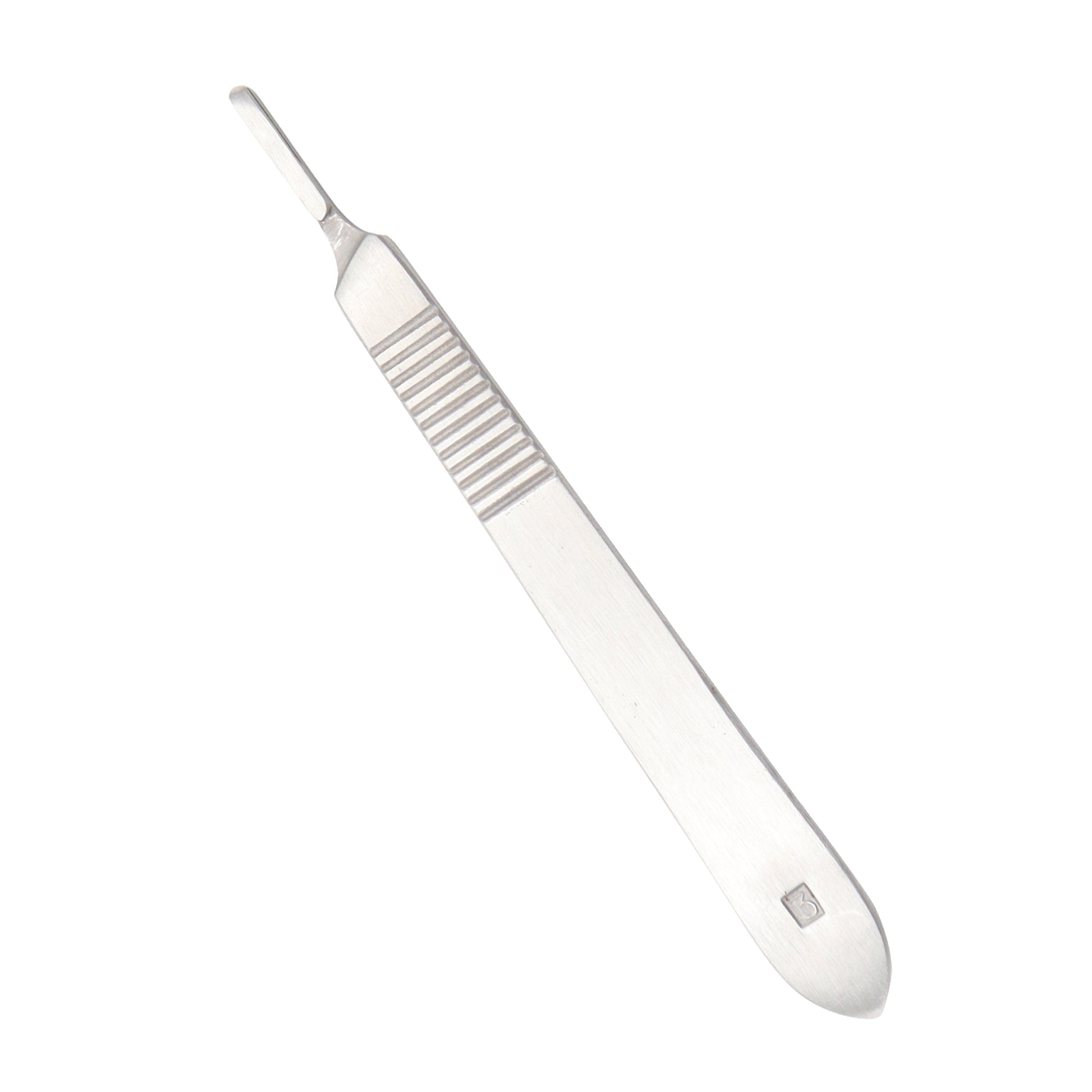  A medical-grade stainless steel No. 3 scalpel handle with a ribbed, anti-slip grip and a precision-engineered tip for holding surgical blades.