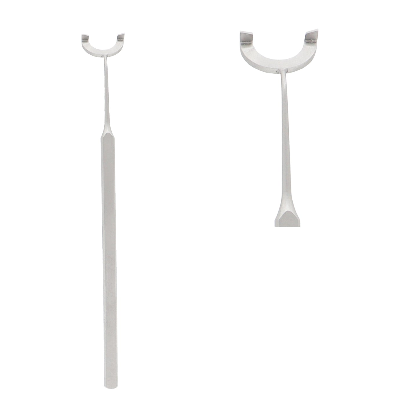 A medical-grade stainless steel Obwegeser chin retractor featuring a long handle and a distinctive crescent-shaped U-tip used in maxillofacial and oral surgery, shown from two viewing angles against a white background.