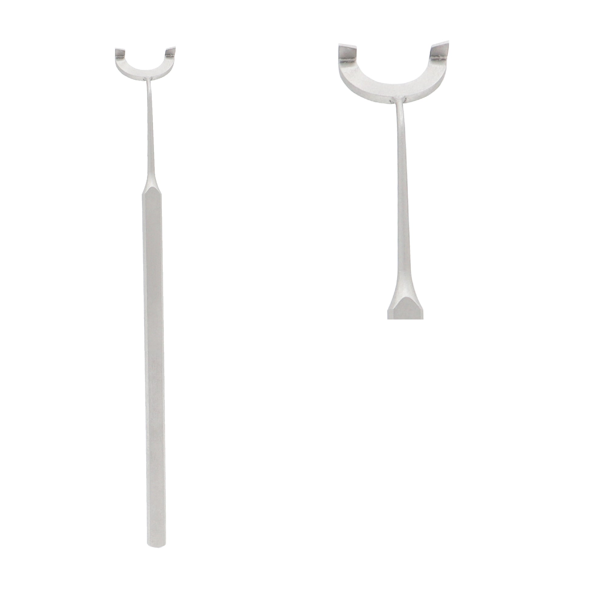 A medical-grade stainless steel Obwegeser chin retractor featuring a long handle and a distinctive crescent-shaped U-tip used in maxillofacial and oral surgery, shown from two viewing angles against a white background.