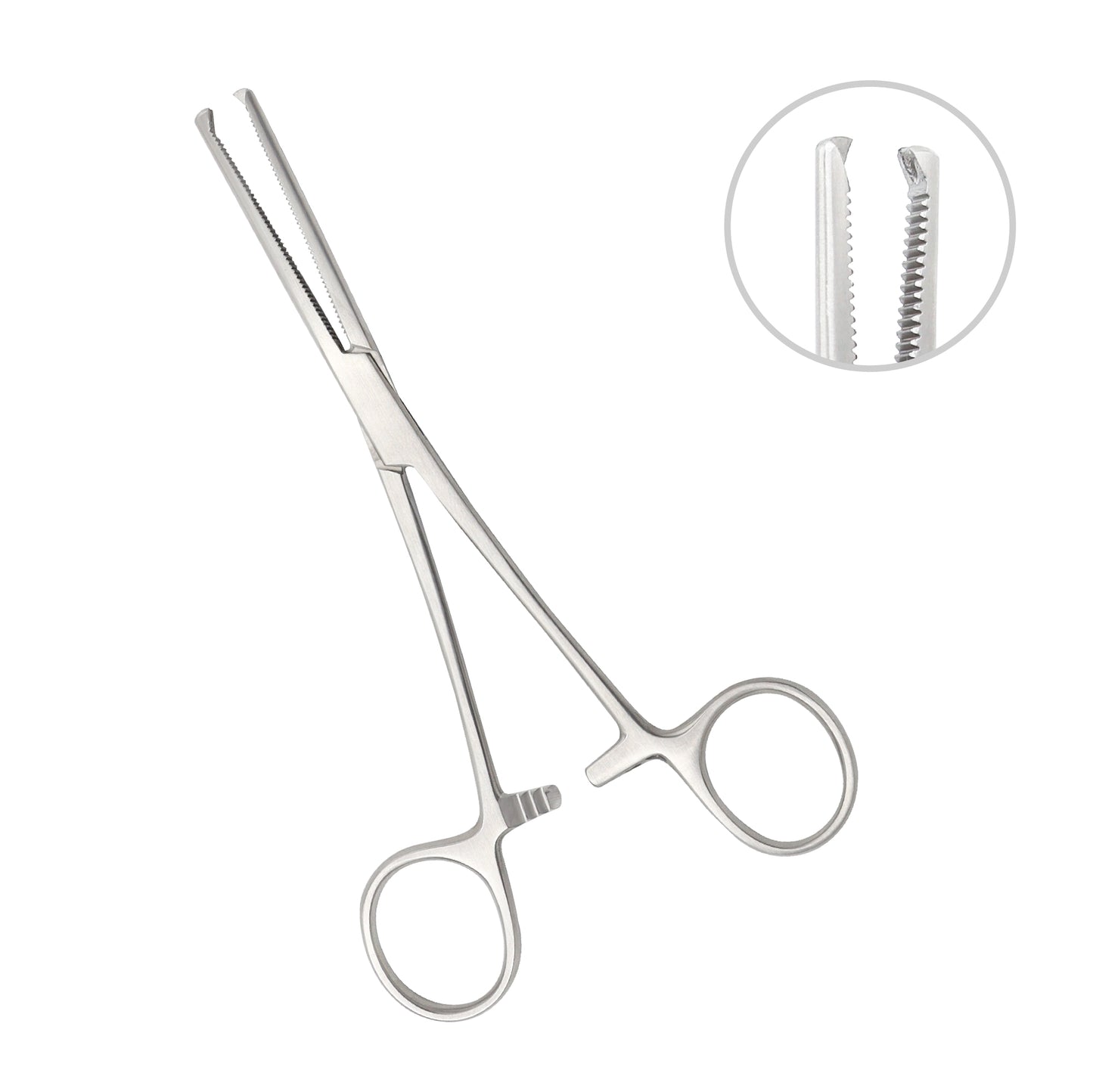 Straight Ochsner-Rochester artery forceps with 1x2 interlocking rat-tooth tips and serrated jaws for surgical tissue grasping.