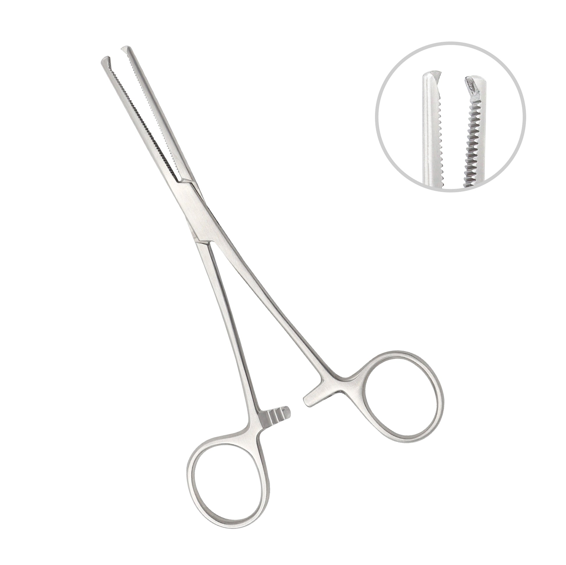 Straight Ochsner-Rochester artery forceps with 1x2 interlocking rat-tooth tips and serrated jaws for surgical tissue grasping.