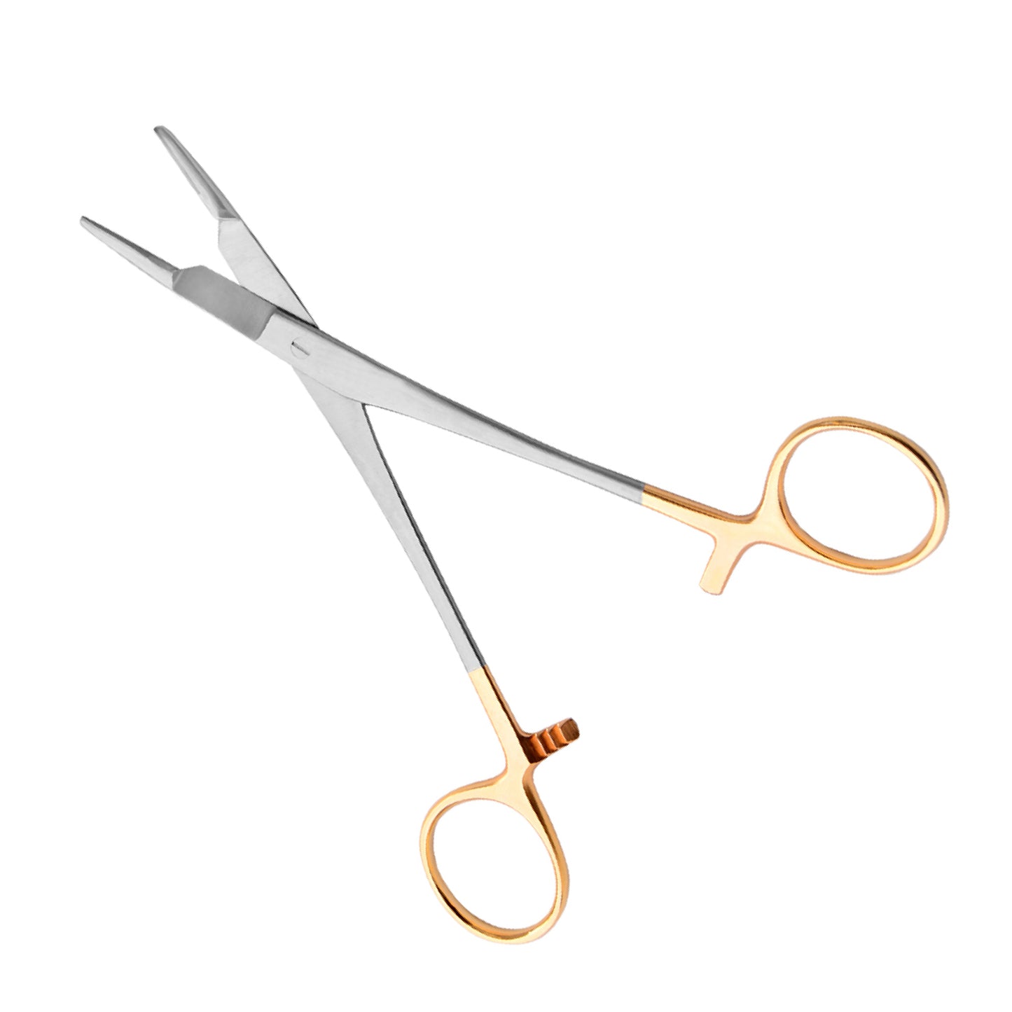 Olsen-Hegar Needle Holder with integrated scissors featuring gold-plated handles and tungsten carbide inserts on a white background.
