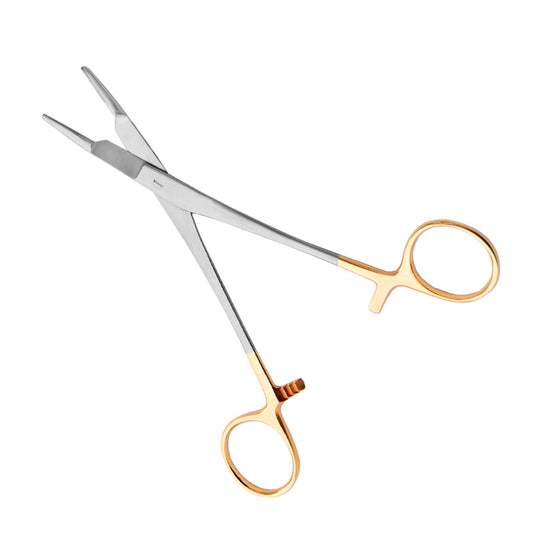 Olsen-Hegar Needle Holder with integrated scissors featuring gold-plated handles and tungsten carbide inserts on a white background.