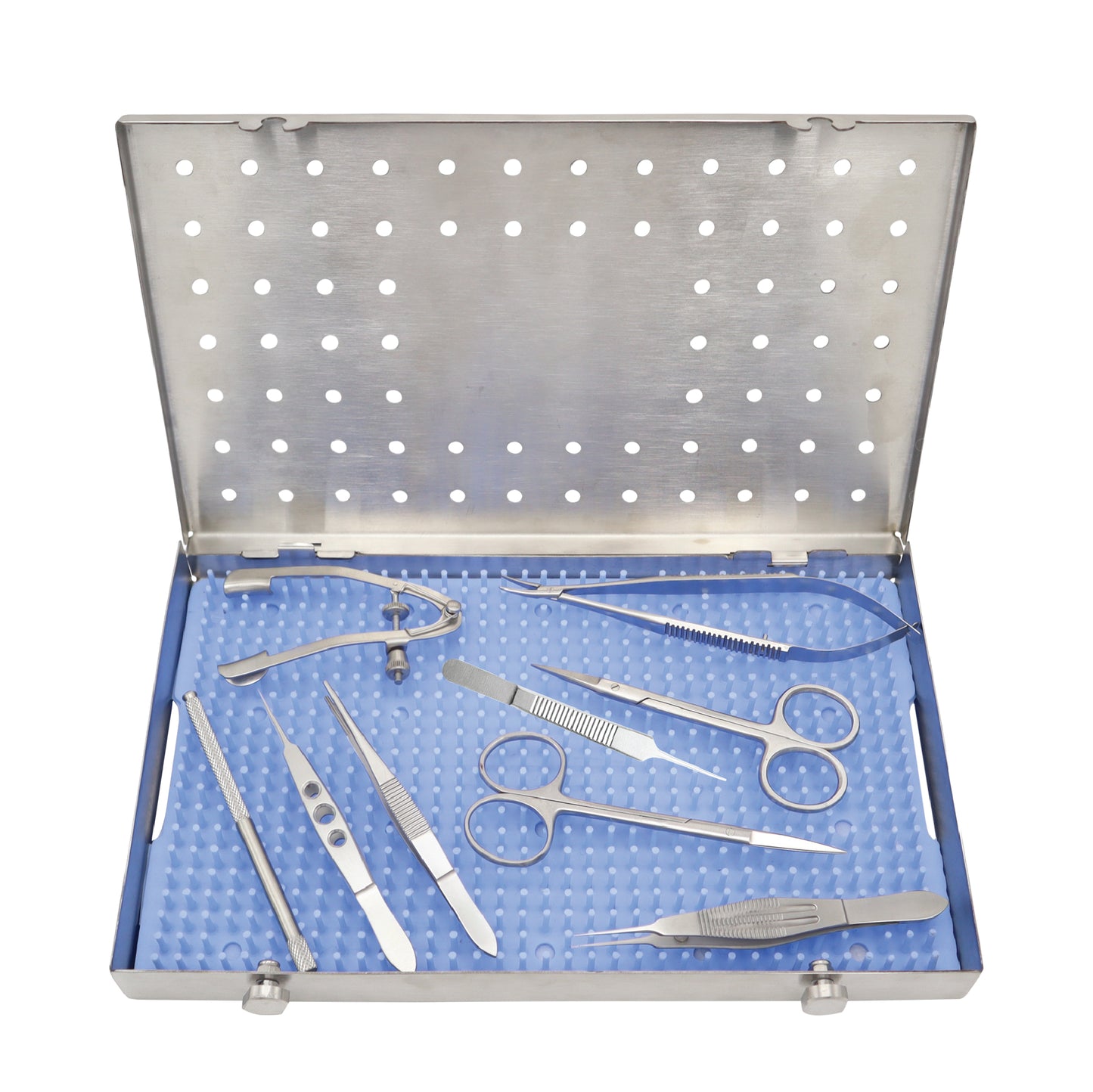 An open surgical instrument tray containing various ophthalmic instruments such as scissors, forceps, and a speculum.