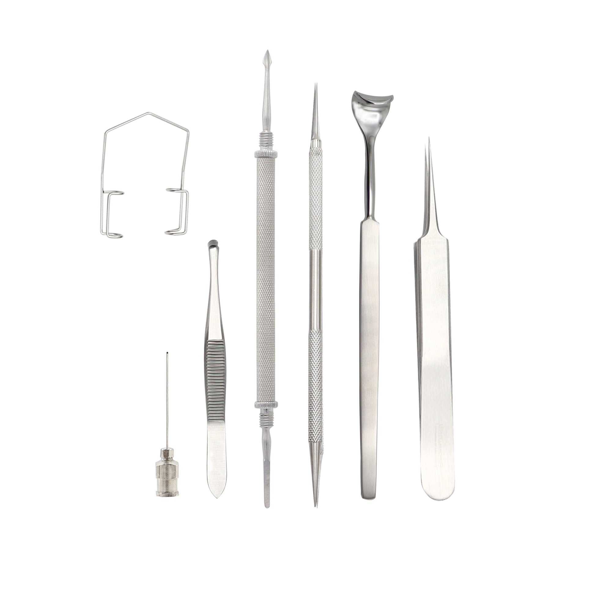 A collection of seven stainless steel ophthalmic instruments, including a wire eye speculum, forceps, and a punctum dilator, arranged vertically against a white background.