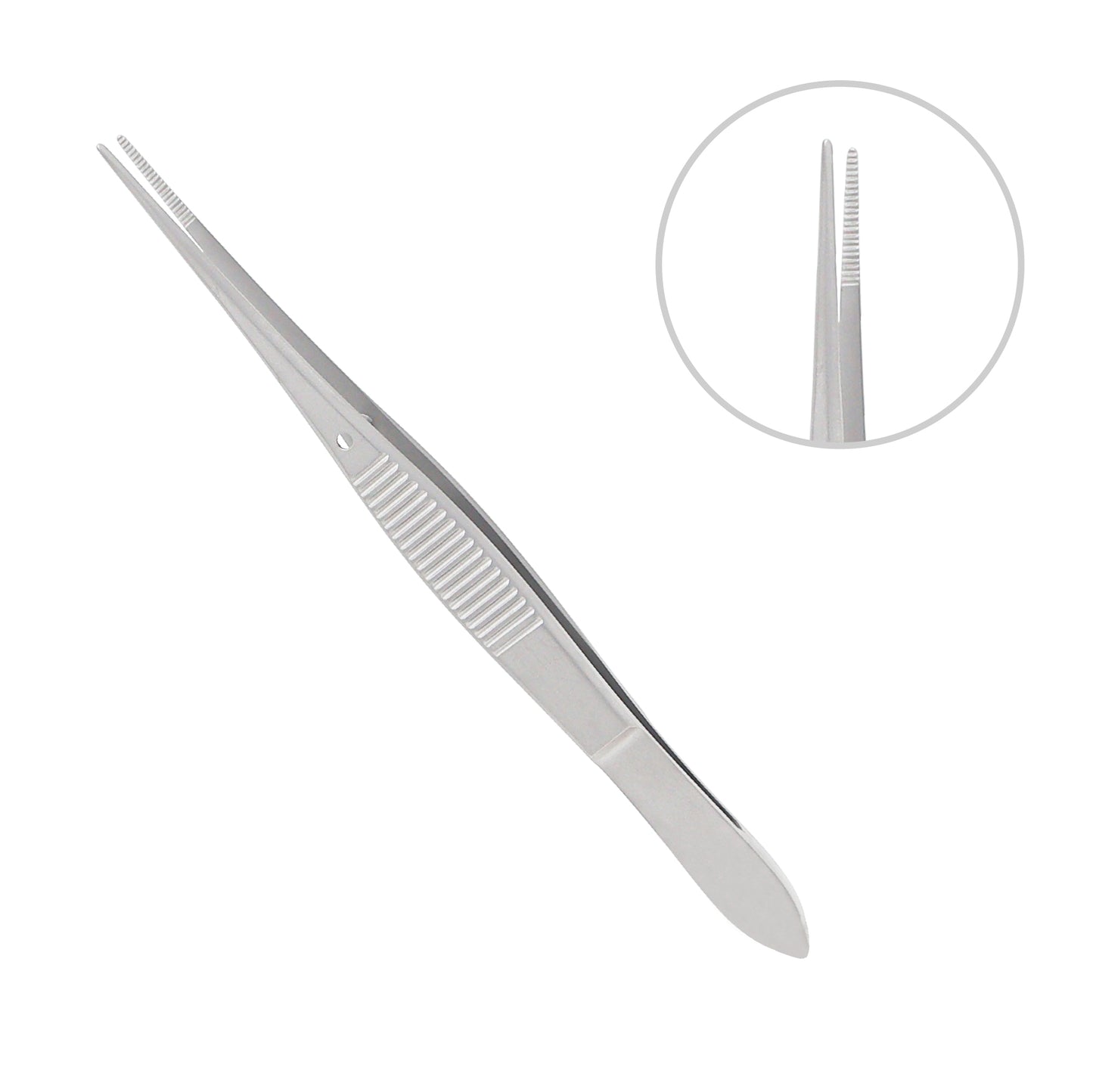 Straight iris forceps 1 mm serrated jaws 10.5 cm surgical tool used for precise grip in ophthalmic and microsurgical procedures.