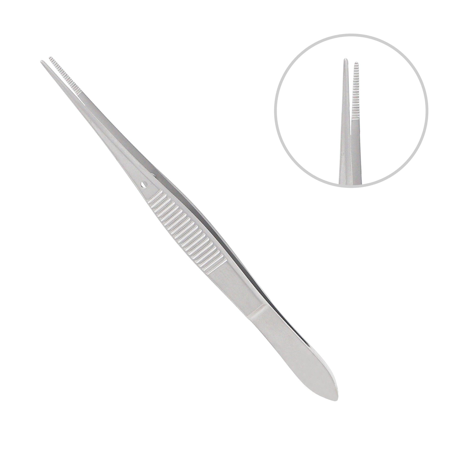 Straight iris forceps 1 mm serrated jaws 10.5 cm surgical tool used for precise grip in ophthalmic and microsurgical procedures.