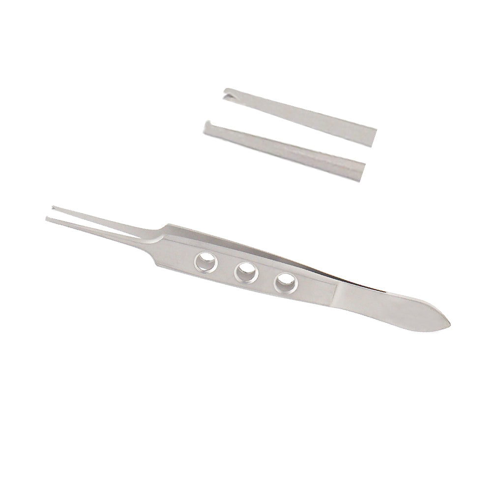 Bishop Harmon iris forceps straight 9 cm stainless steel surgical tool with 1x2 teeth for delicate iris handling in ophthalmic procedures