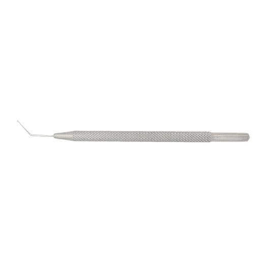 An ophthalmic surgical lens manipulator and phaco chopper instrument with a silver textured knurled handle and a fine angled micro-tip on a plain white background.