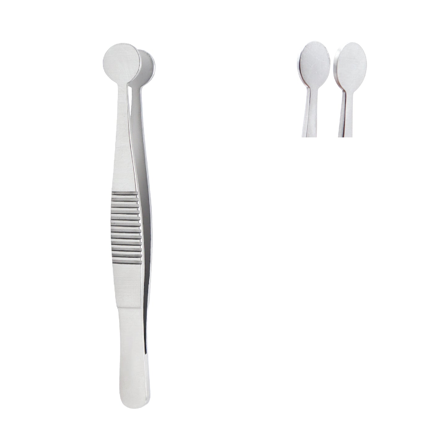 A pair of stainless steel Meibomian gland expressor forceps with flat, round paddle-shaped tips and a textured grip handle.