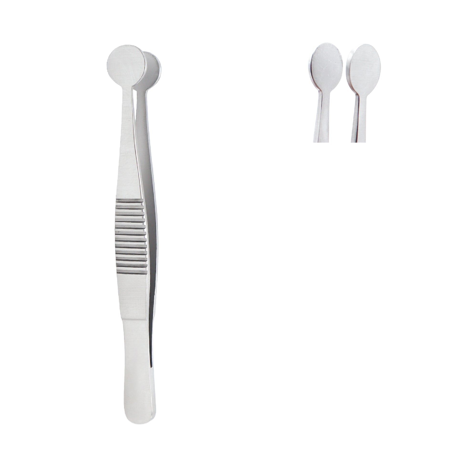 A pair of stainless steel Meibomian gland expressor forceps with flat, round paddle-shaped tips and a textured grip handle.