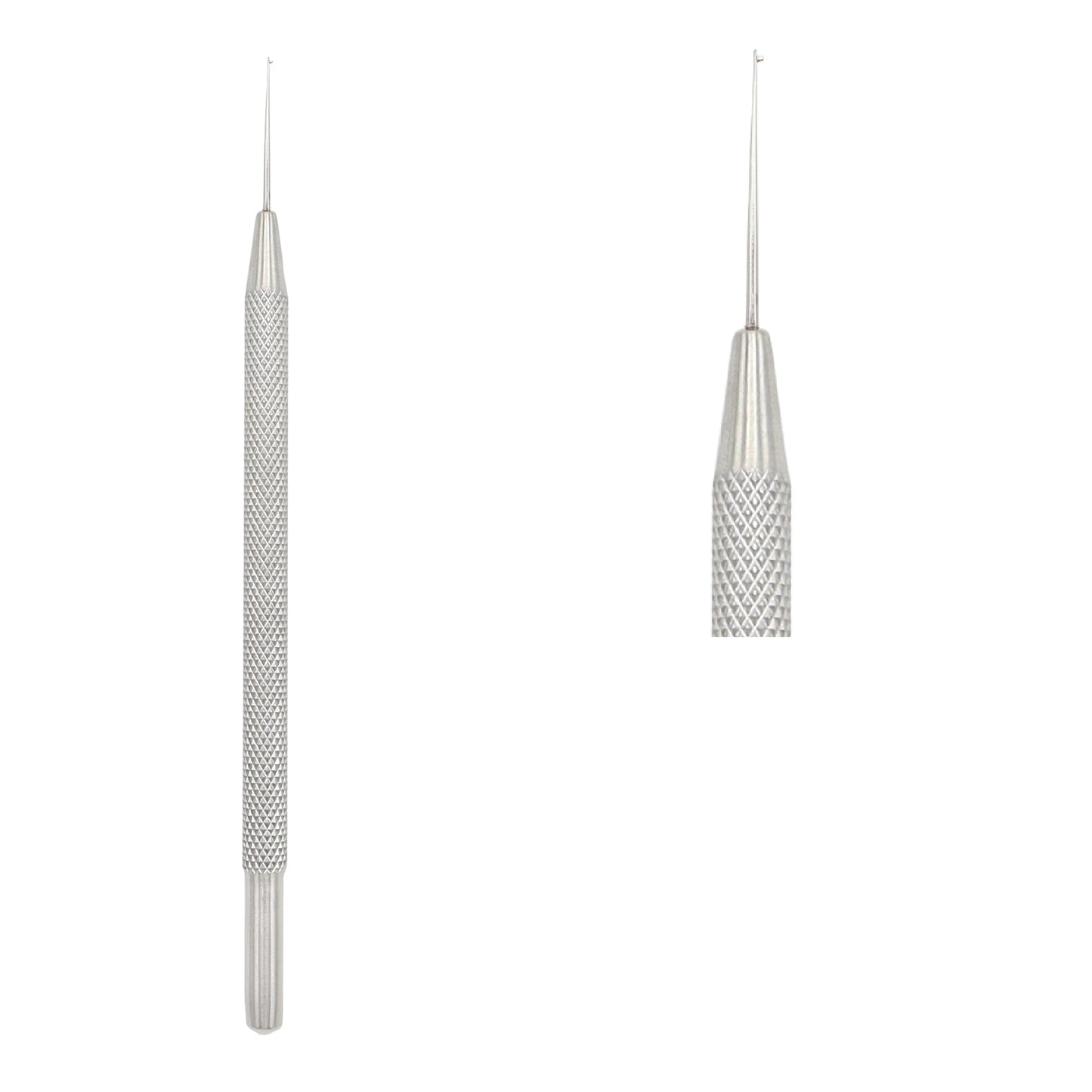 Ophthalmic surgical micro-manipulator tool and lens hook with a textured silver titanium handle, shown on a white background.