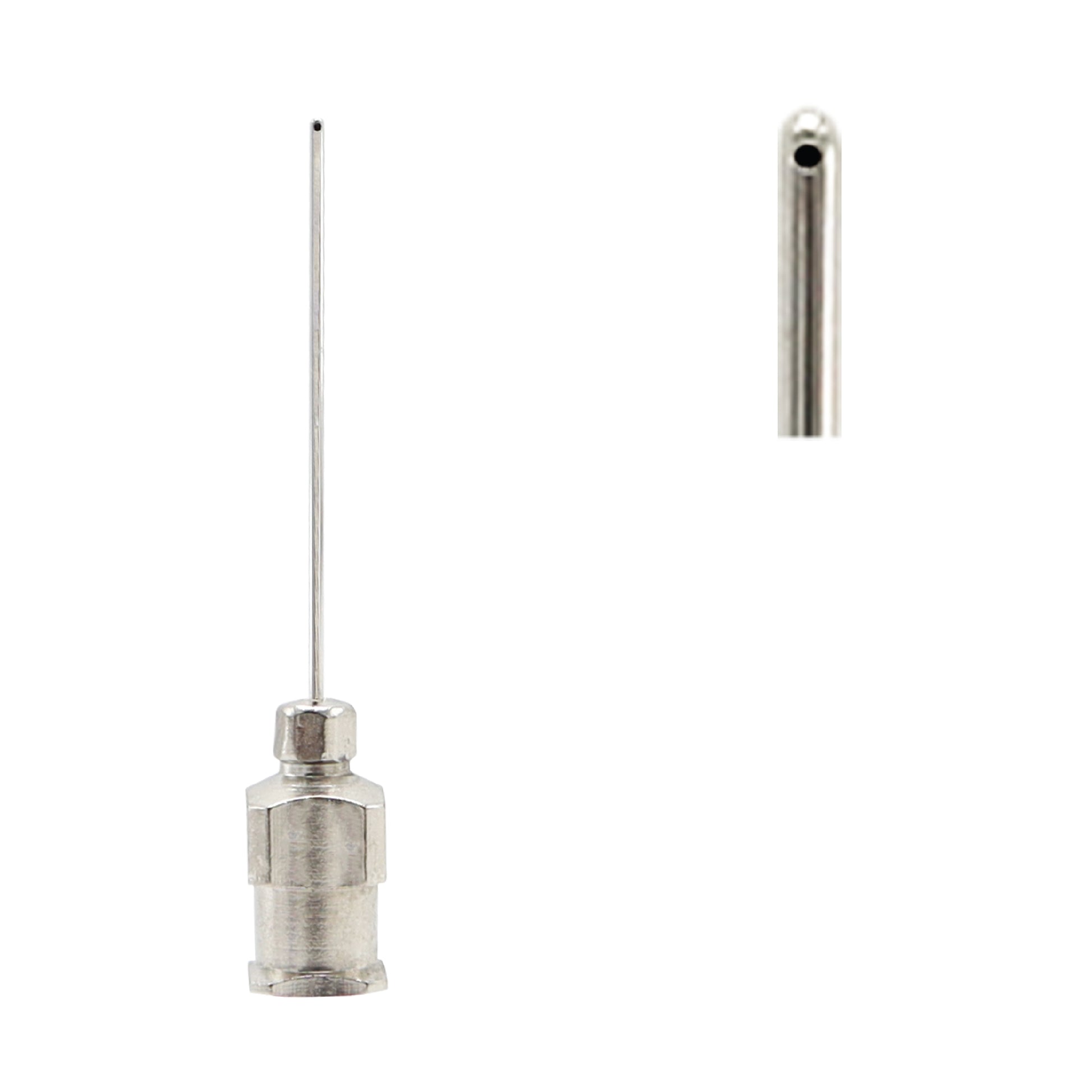 A stainless steel oral gavage needle with a rounded ball tip and a luer lock hub, shown against a white background with a close-up detail of the tip.