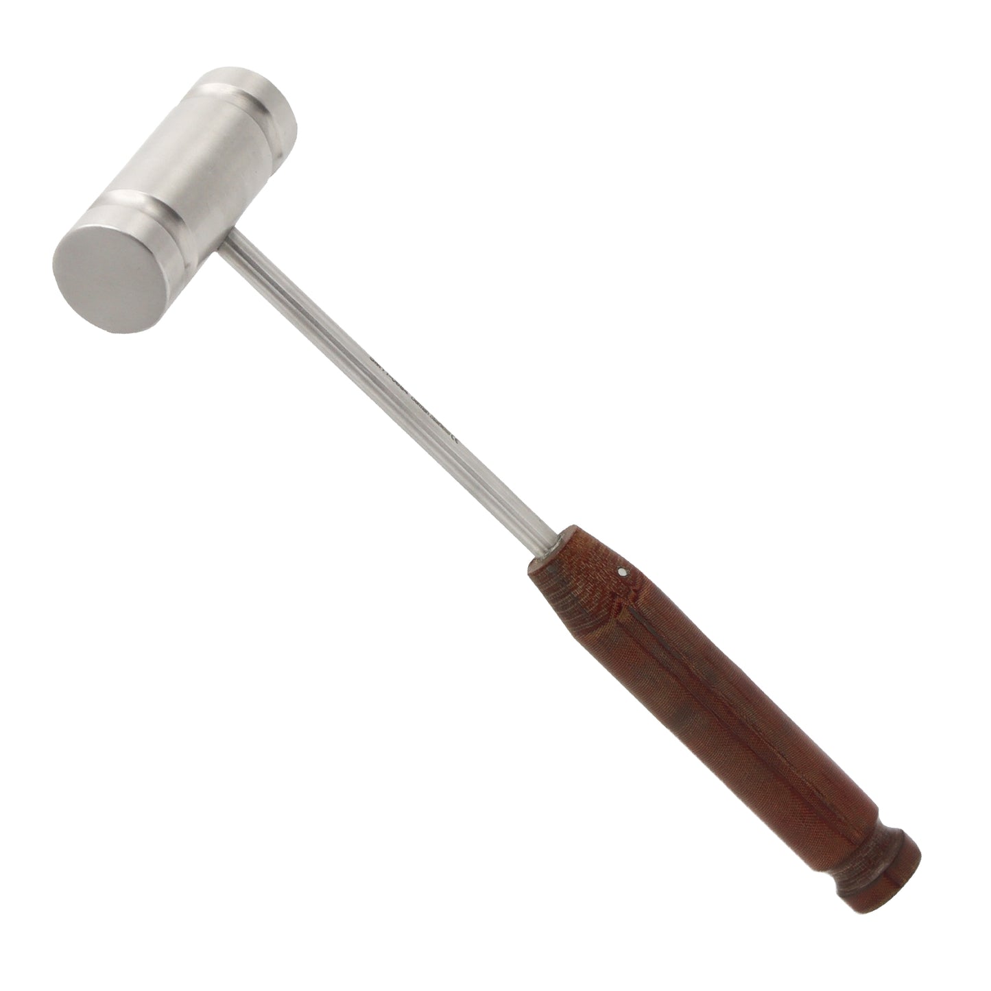 Stainless steel orthopedic surgical bone mallet with a dark textured phenolic resin handle, used for bone chisels and implants, shown on a white background.