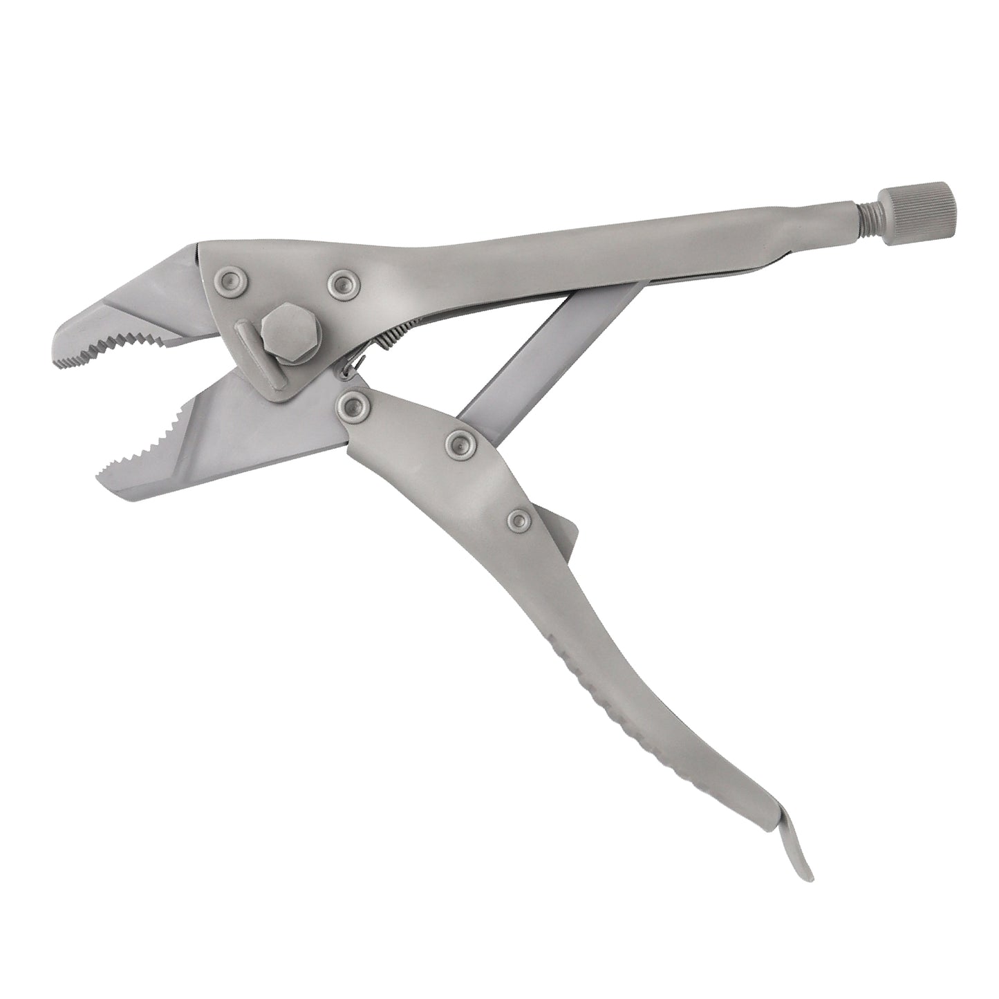 Medical-grade stainless steel orthopedic locking plier with straight serrated jaws, adjustable pressure screw, and quick-release lever for surgical bone alignment.