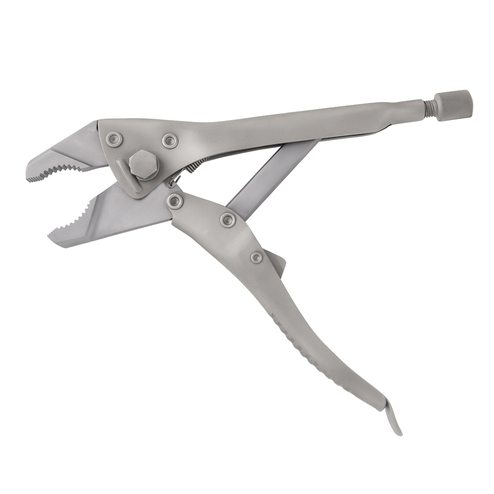 Medical-grade stainless steel orthopedic locking plier with straight serrated jaws, adjustable pressure screw, and quick-release lever for surgical bone alignment.