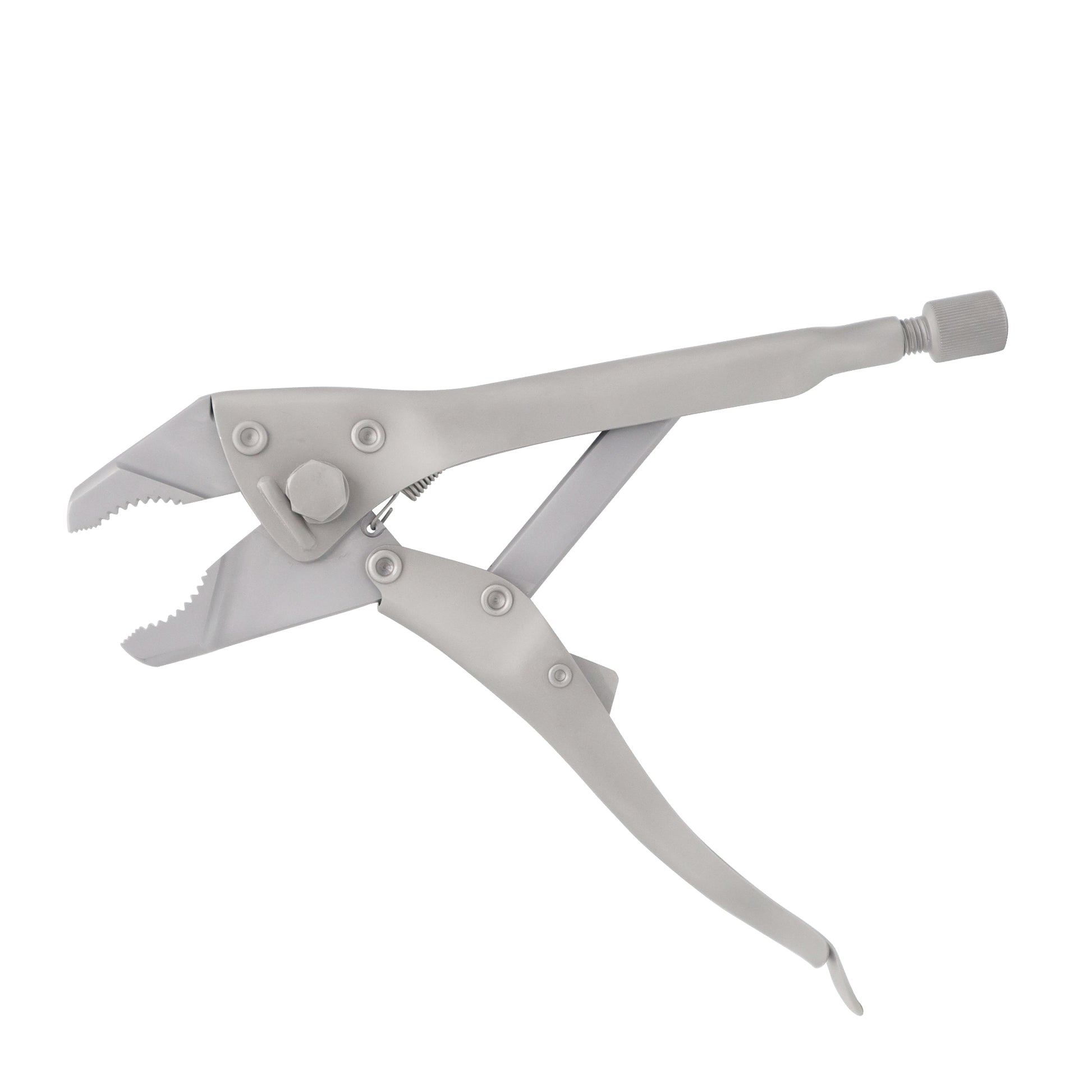 Medical-grade stainless steel orthopedic locking pliers with straight jaws and adjustable screw handle for surgical bone stabilization.