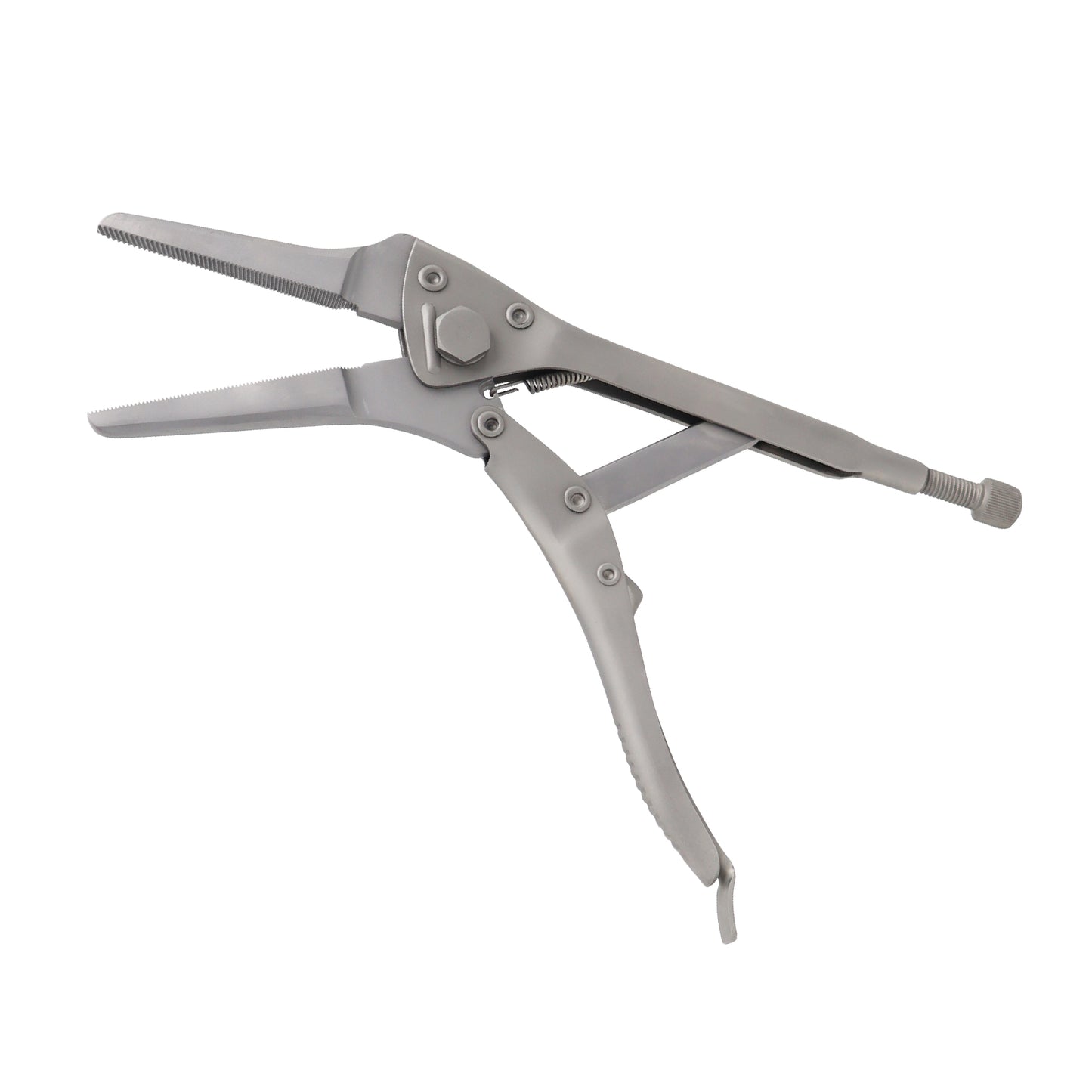 Needle nose locking pliers for orthopedic surgery made of medical-grade stainless steel.