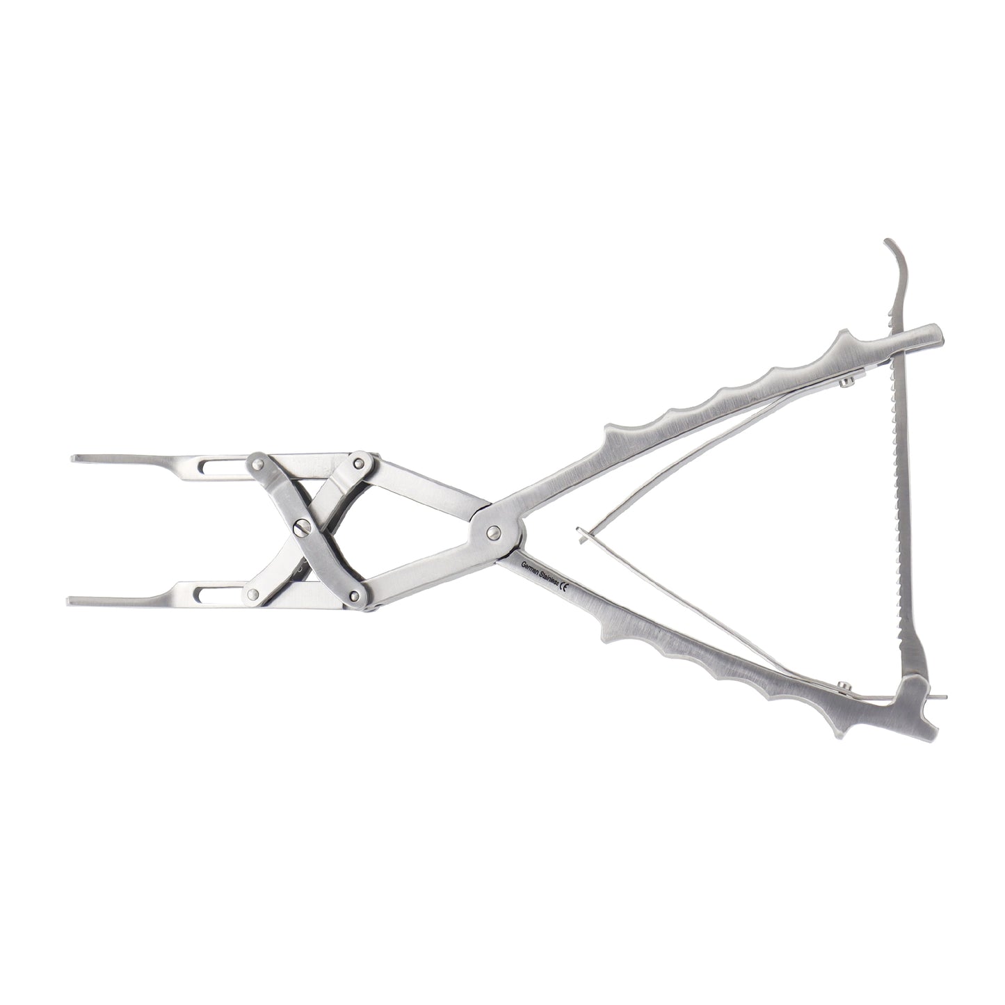 Stainless steel orthopedic spinal parallel rod compressor surgical instrument with an adjustable ratchet mechanism and curved, ergonomic squeeze handles on a clean white background.