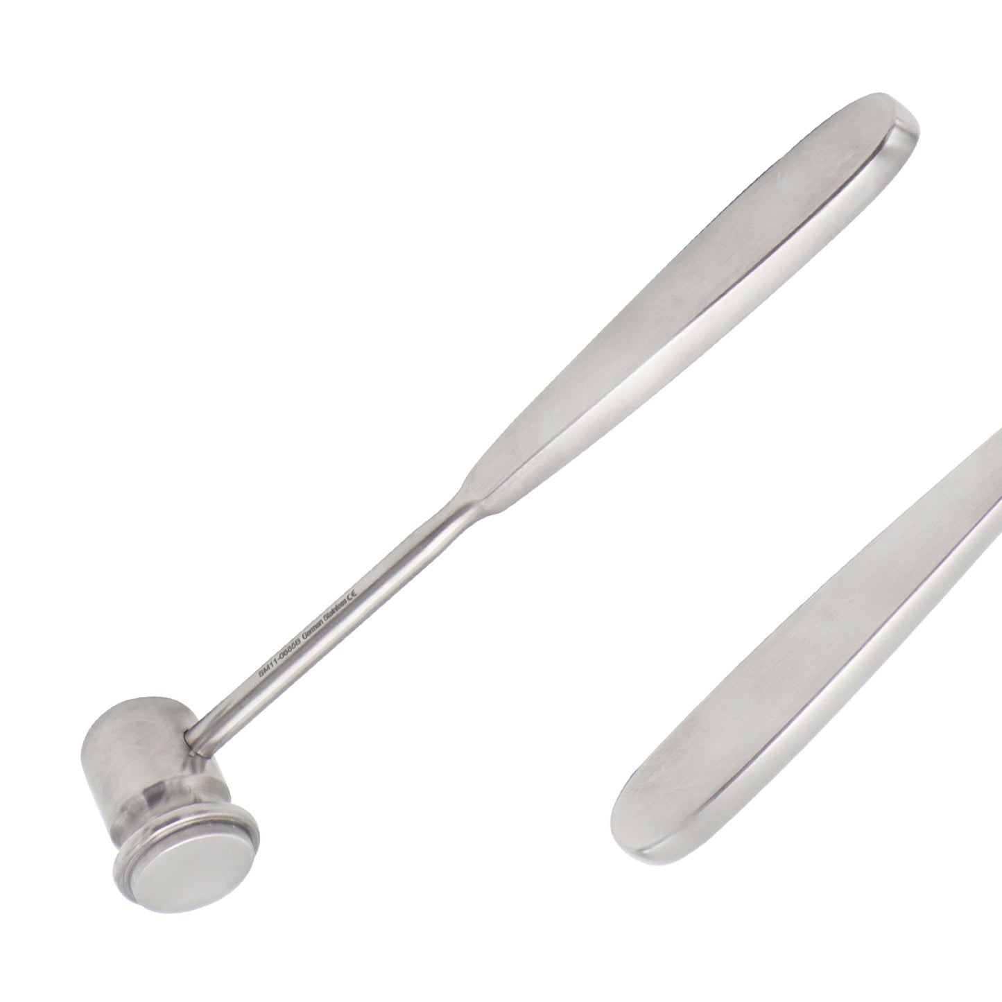 Stainless steel orthopedic surgical bone mallet held in a gloved hand, showcasing the dense solid head and flat striking surface.