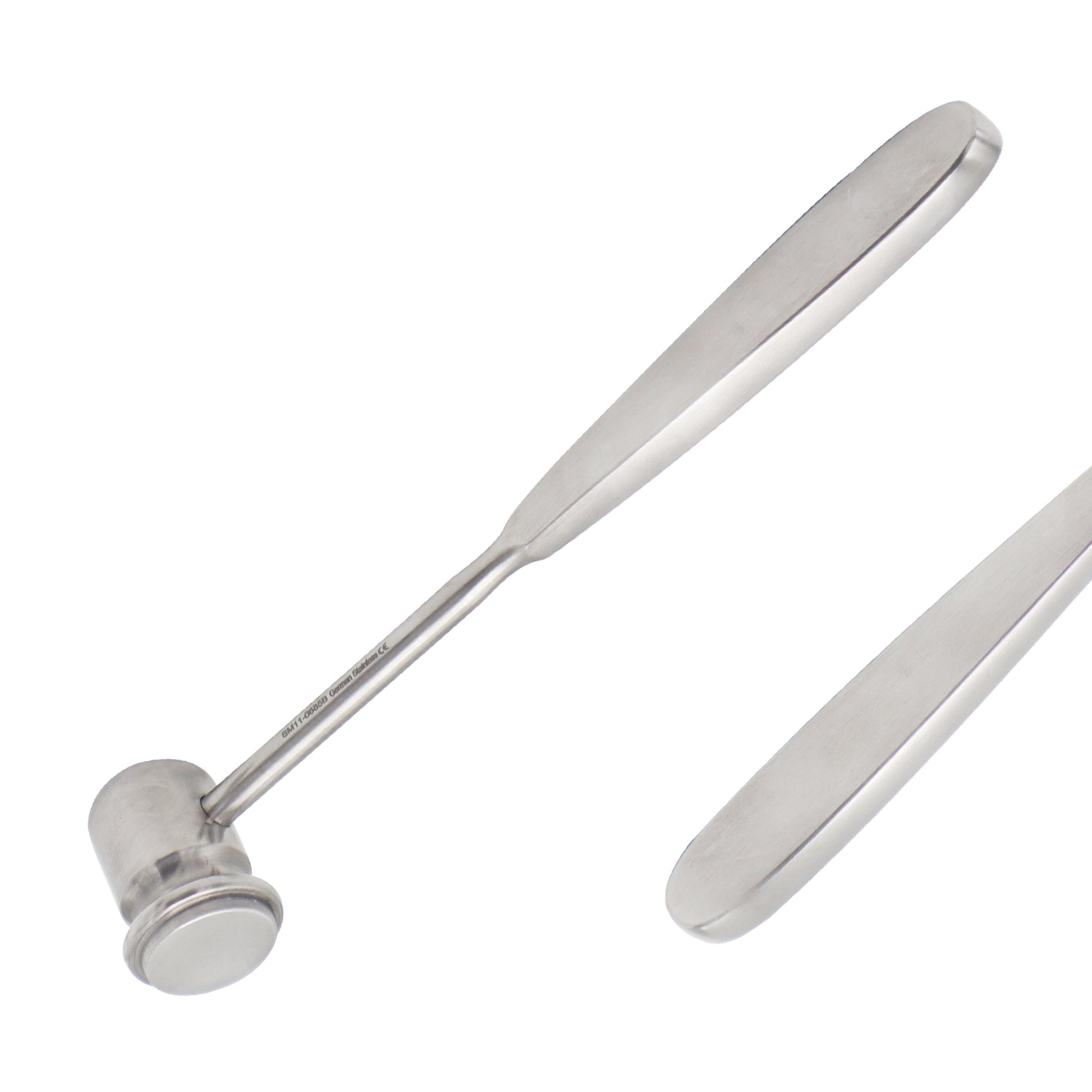 Stainless steel orthopedic surgical bone mallet held in a gloved hand, showcasing the dense solid head and flat striking surface.