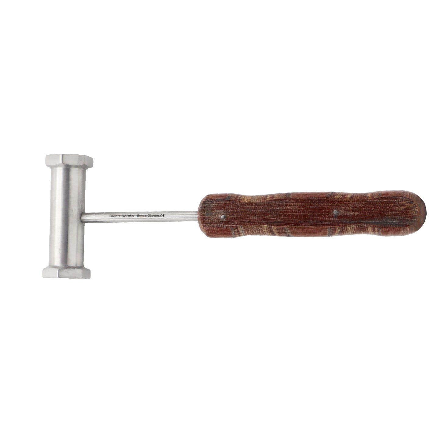 Orthopedic surgical bone mallet hammer with a solid stainless steel cylindrical head and a textured brown phenolic fiberwood handle, isolated on a white background.