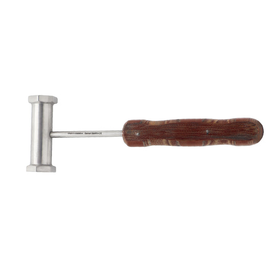 Orthopedic surgical bone mallet hammer with a solid stainless steel cylindrical head and a textured brown phenolic fiberwood handle, isolated on a white background.