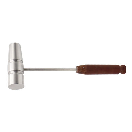 Orthopedic surgical mallet featuring a flat-faced stainless steel head and a textured brown phenolic fiber handle, shown on a white background.