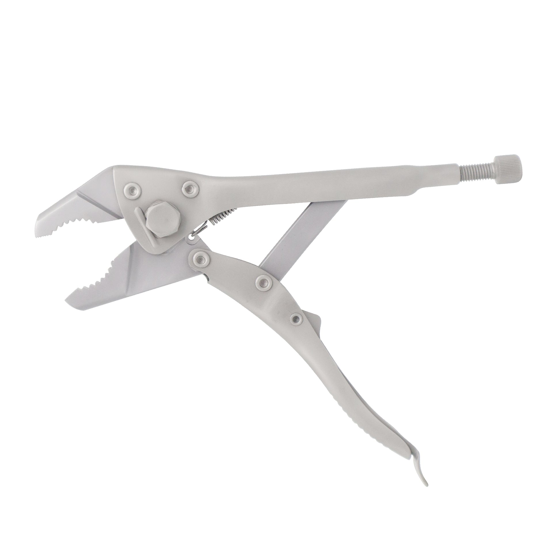 Medical-grade stainless steel locking orthopedic pliers with adjustable screw and straight jaw for surgical bone alignment.