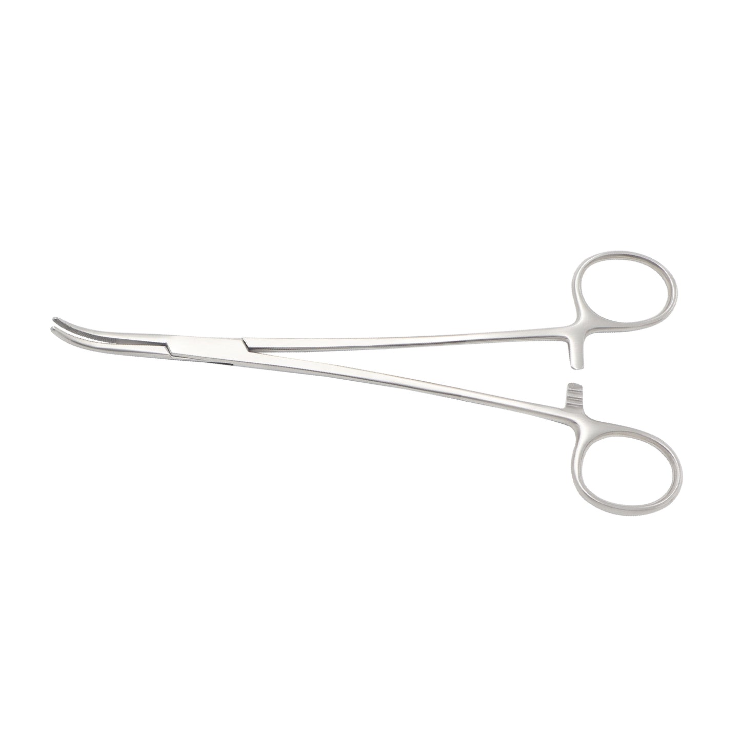 A 21cm stainless steel Overholt Geissendoerfer hemostatic forceps featuring curved blades, fine tips, and ring handles, isolated on a white background.
