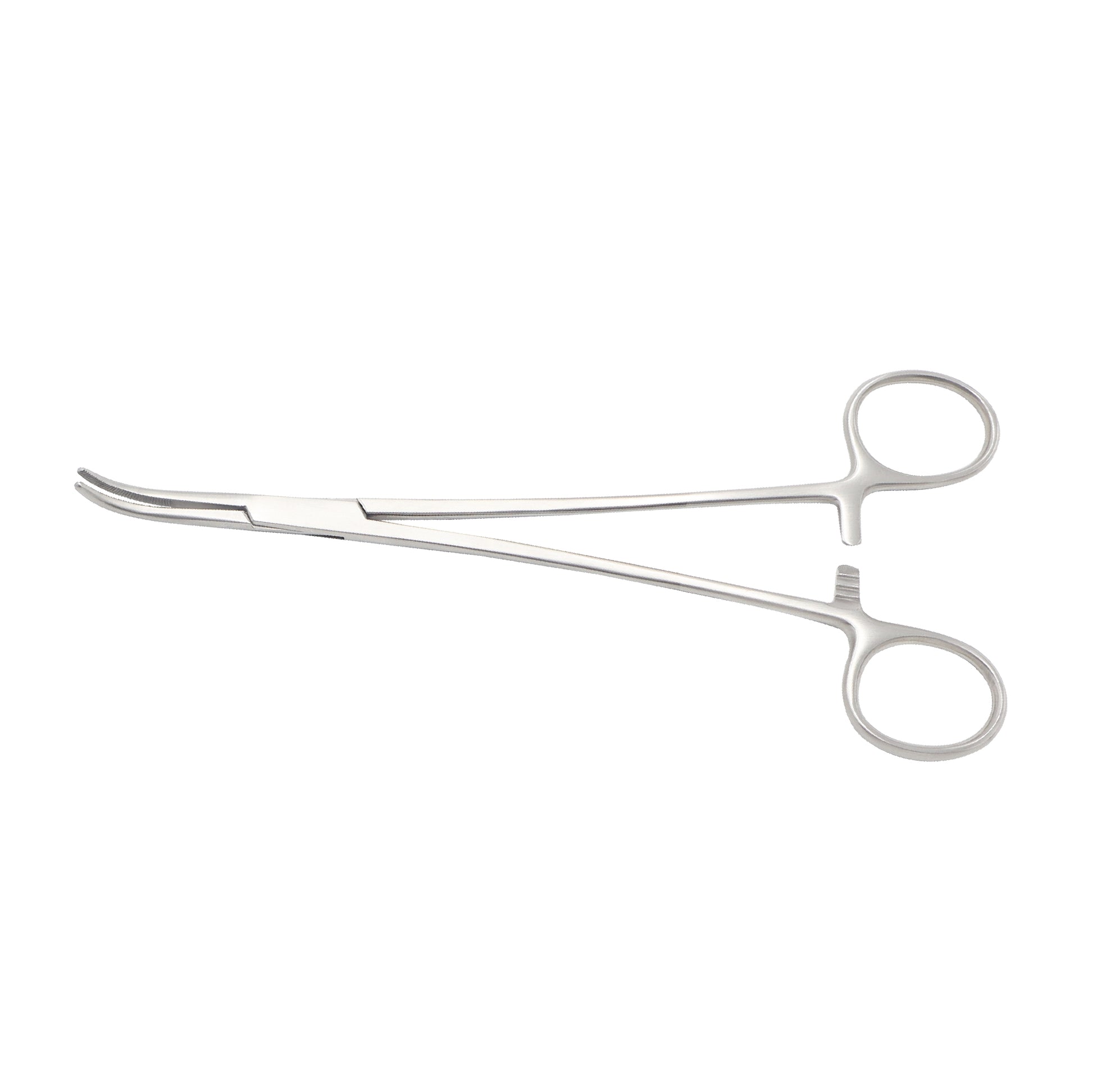 A 21cm stainless steel Overholt Geissendoerfer hemostatic forceps featuring curved blades, fine tips, and ring handles, isolated on a white background.