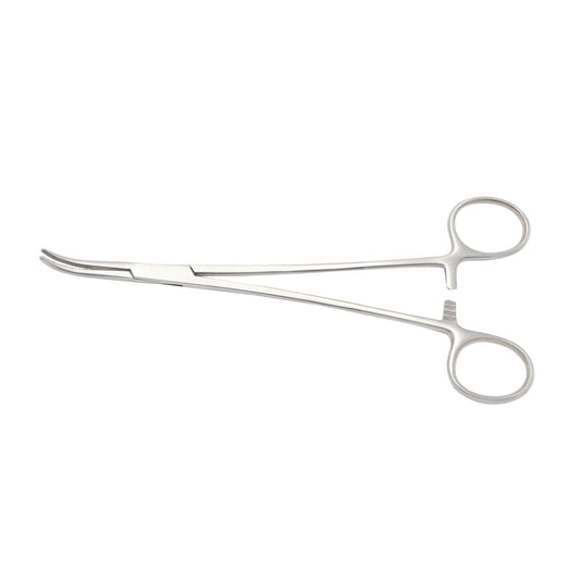 A 21cm stainless steel Overholt Geissendoerfer hemostatic forceps featuring curved blades, fine tips, and ring handles, isolated on a white background.