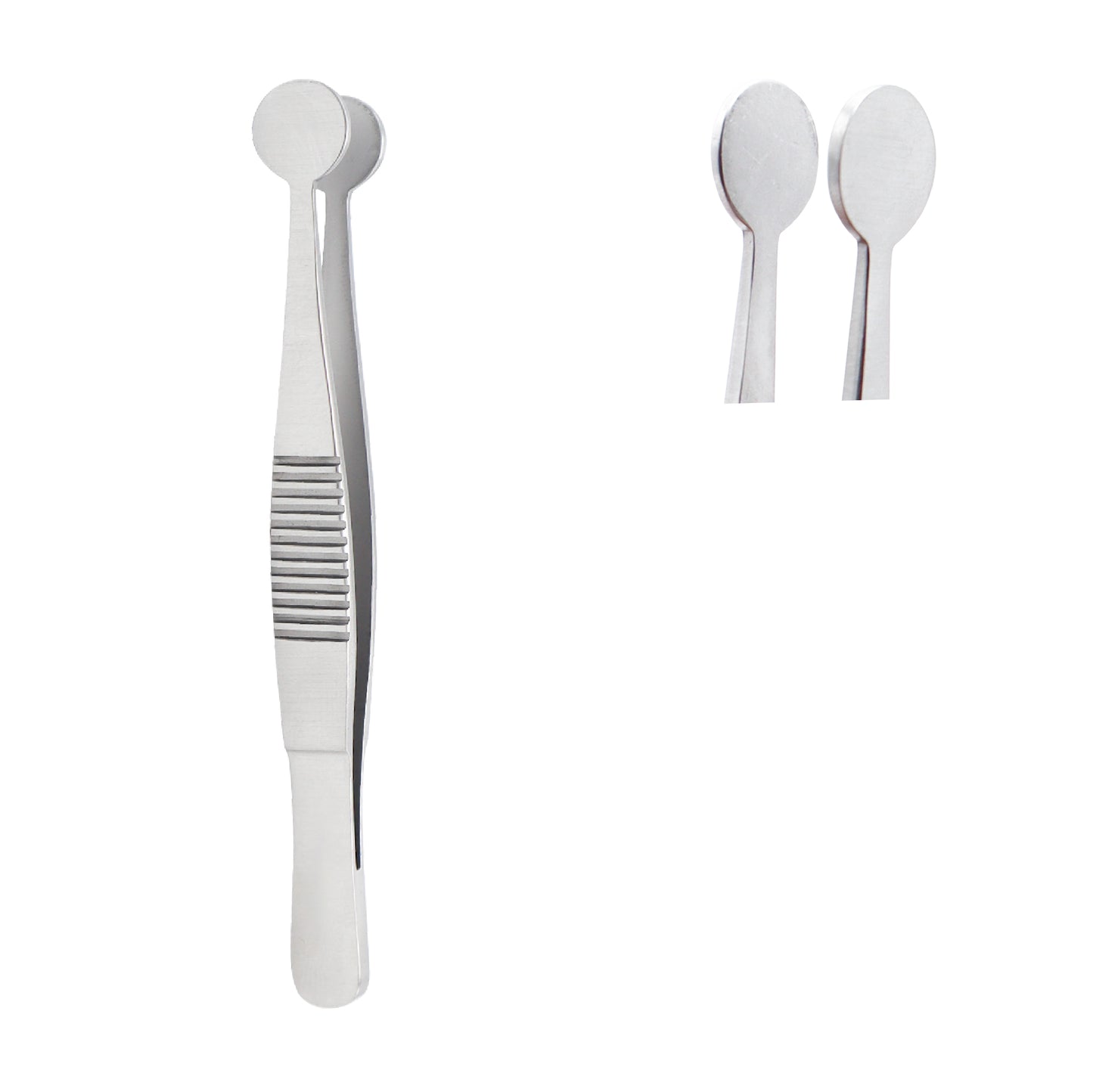 A pair of silver ophthalmic forceps featuring smooth paddle-shaped tips used for eyelid gland expression.