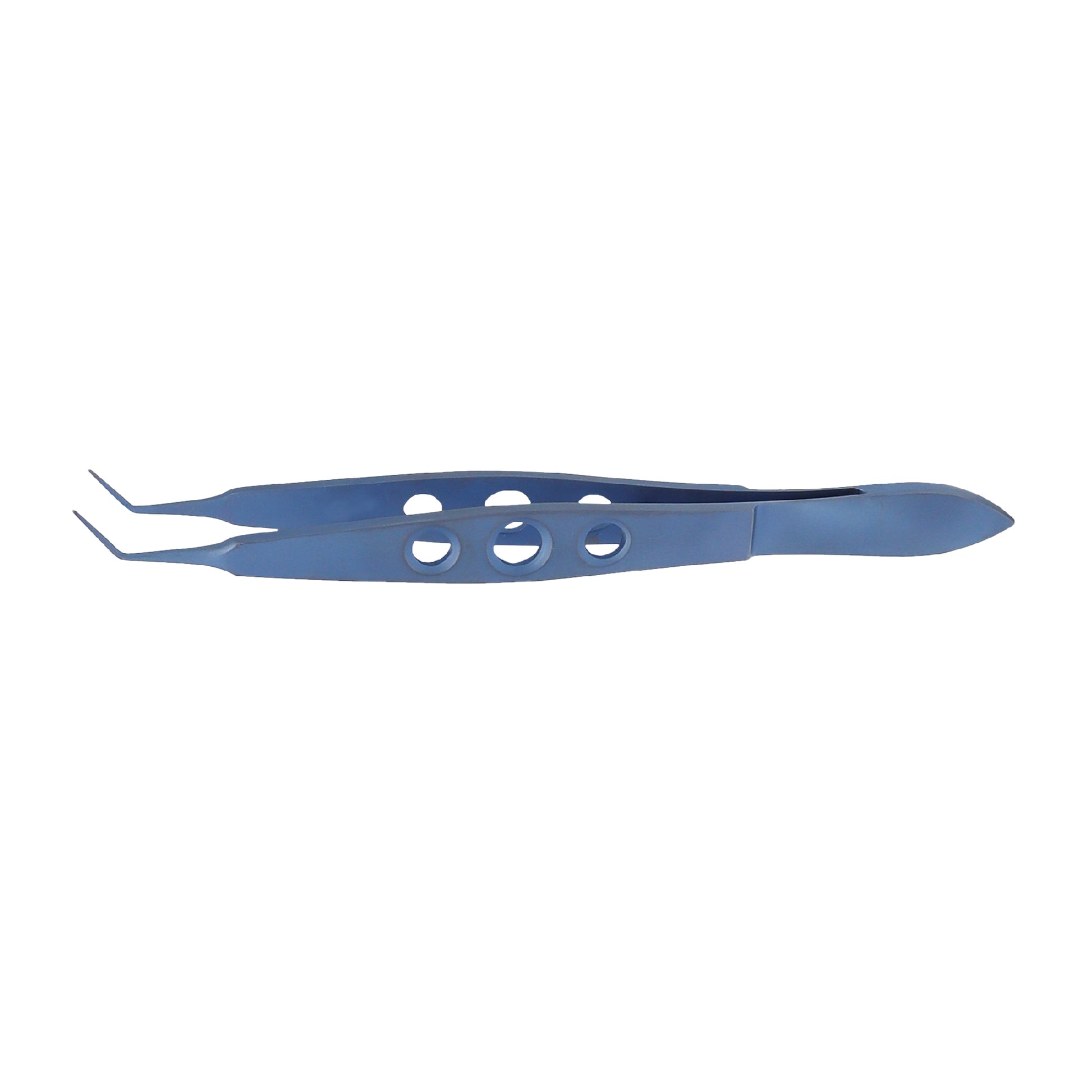 A pair of McPherson Micro-tying Ophthalmic Forceps with angled design and a 7 mm tying platform, made of titanium with a blue handle.