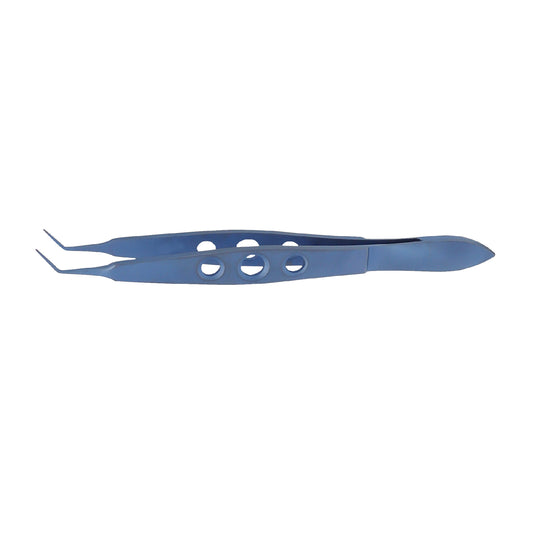 A pair of McPherson Micro-tying Ophthalmic Forceps with angled design and a 7 mm tying platform, made of titanium with a blue handle.
