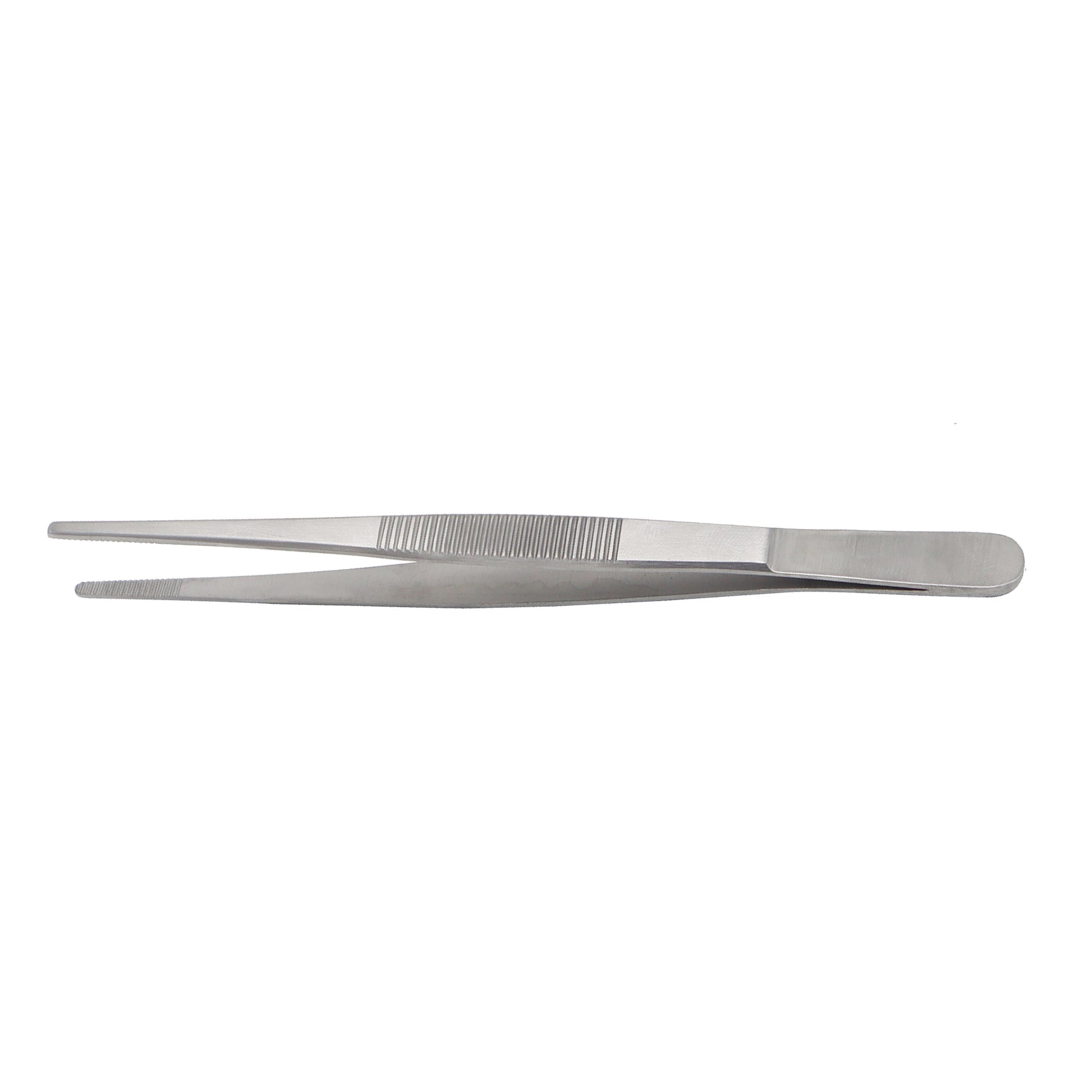 Pair of metal tweezers on a white background