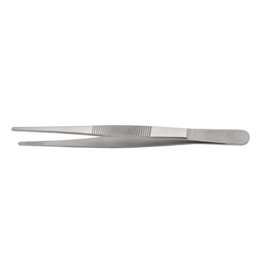 Pair of metal tweezers on a white background