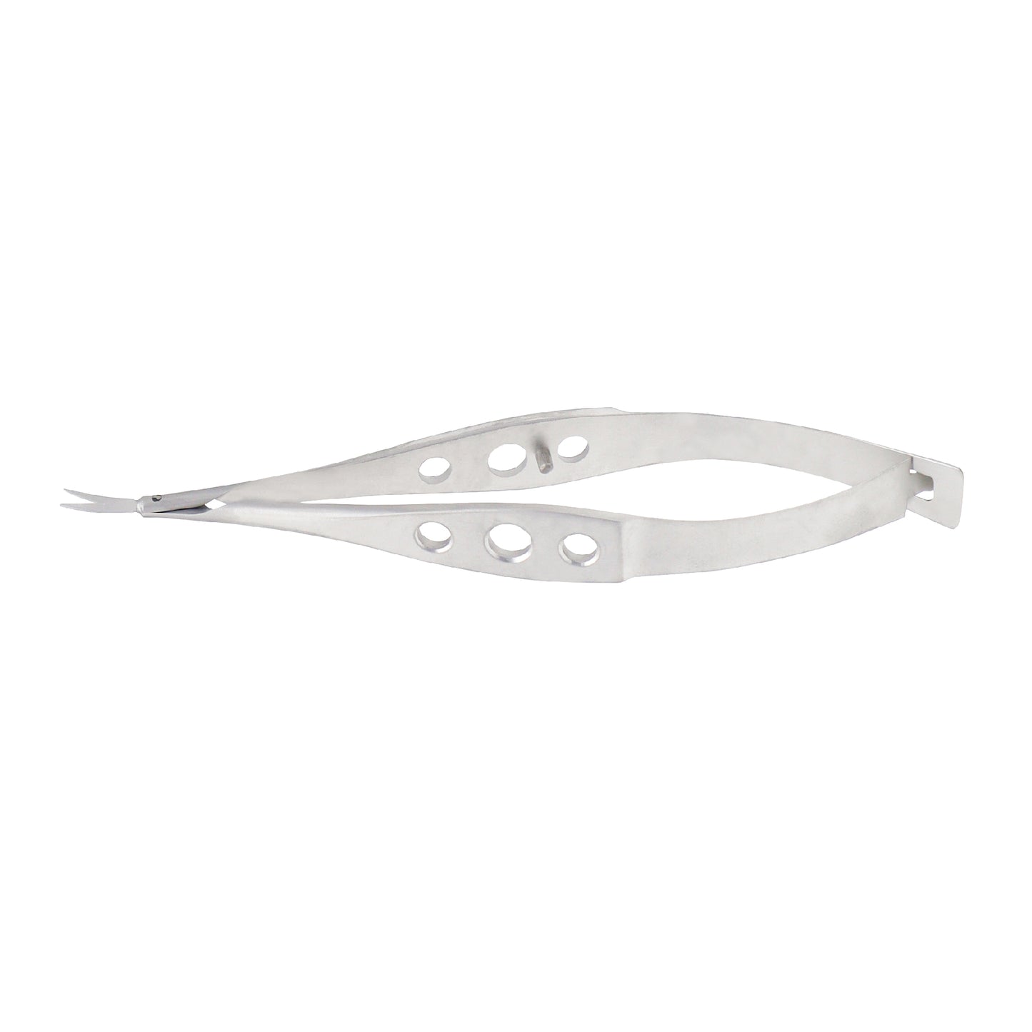 A pair of curved micro-vannas scissors made of stainless steel, designed for secondary cataract procedures with an overall length of 8.5 cm.