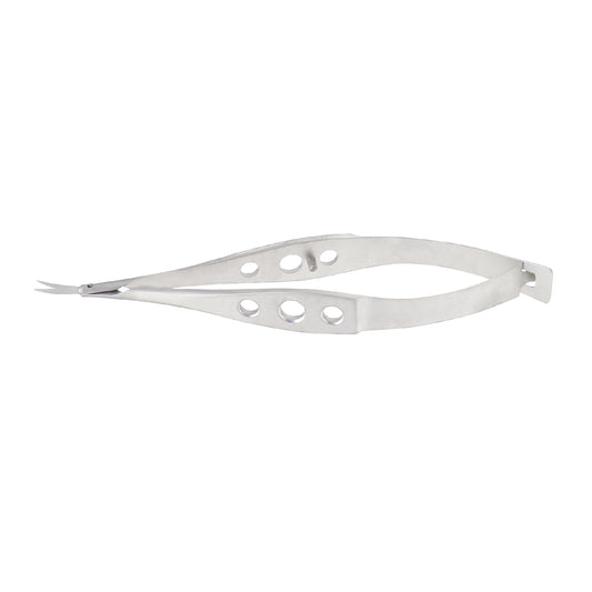 A pair of curved micro-vannas scissors made of stainless steel, designed for secondary cataract procedures with an overall length of 8.5 cm.