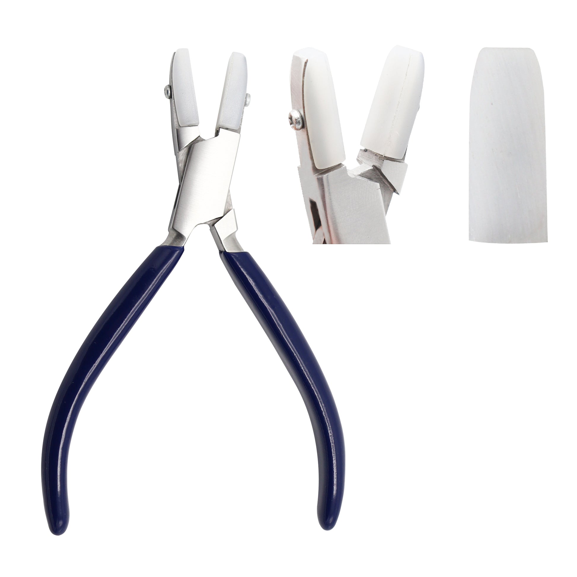 A pair of nylon jaws pliers with blue and silver colors, designed for precision work with delicate materials.