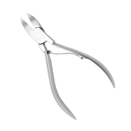 A pair of professional stainless steel toenail clippers with curved roller spring, designed for cutting thick nails.
