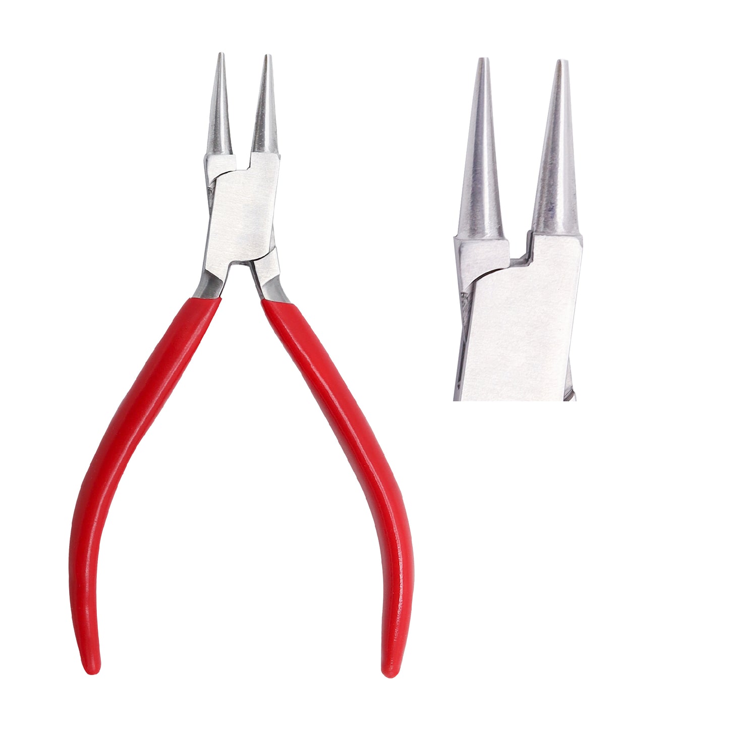 A pair of red-handled round nose pliers with smooth jaws, alongside an isolated view of the pliers' heads.