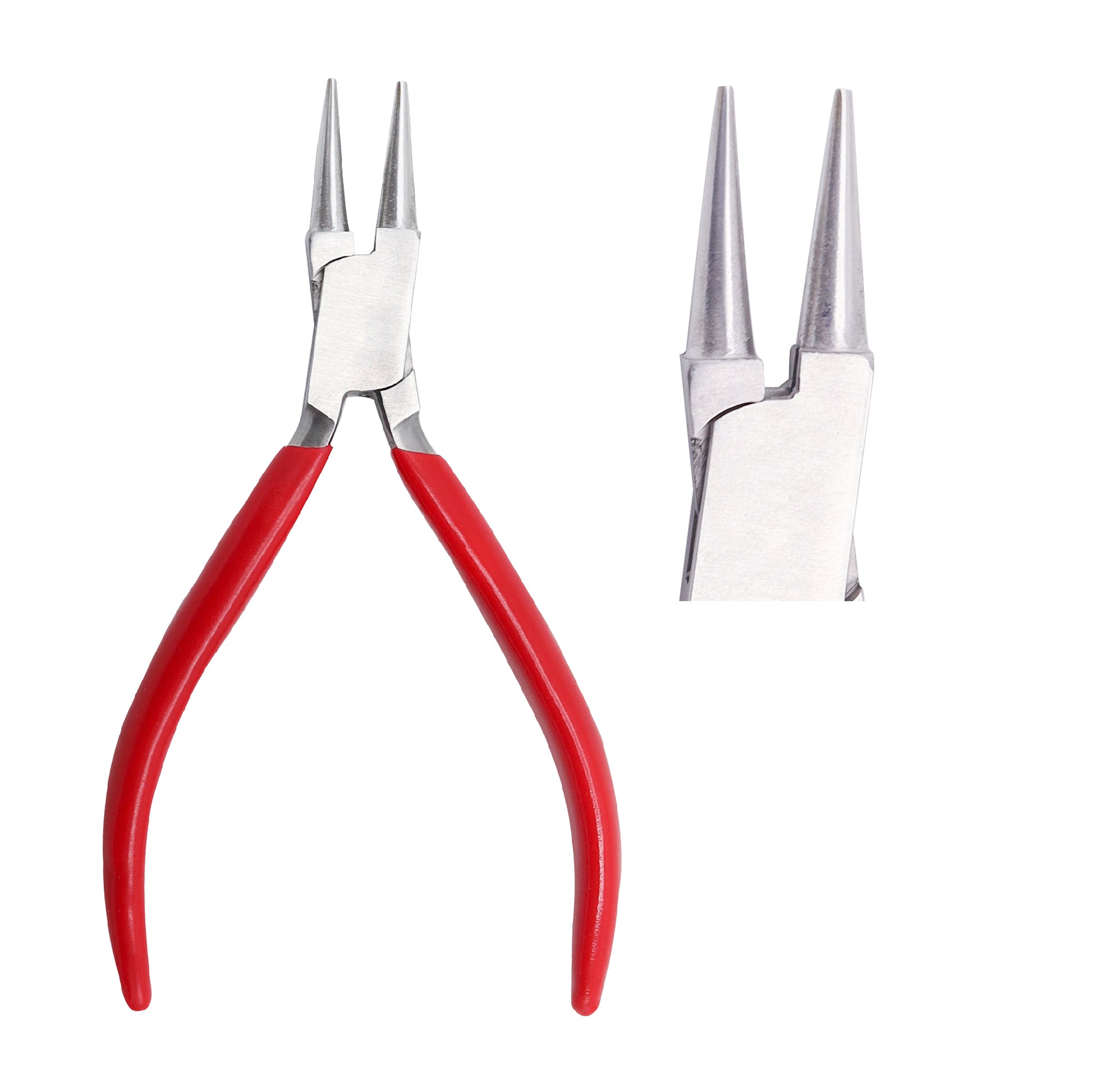 A pair of red-handled round nose pliers with smooth jaws, alongside an isolated view of the pliers' heads.
