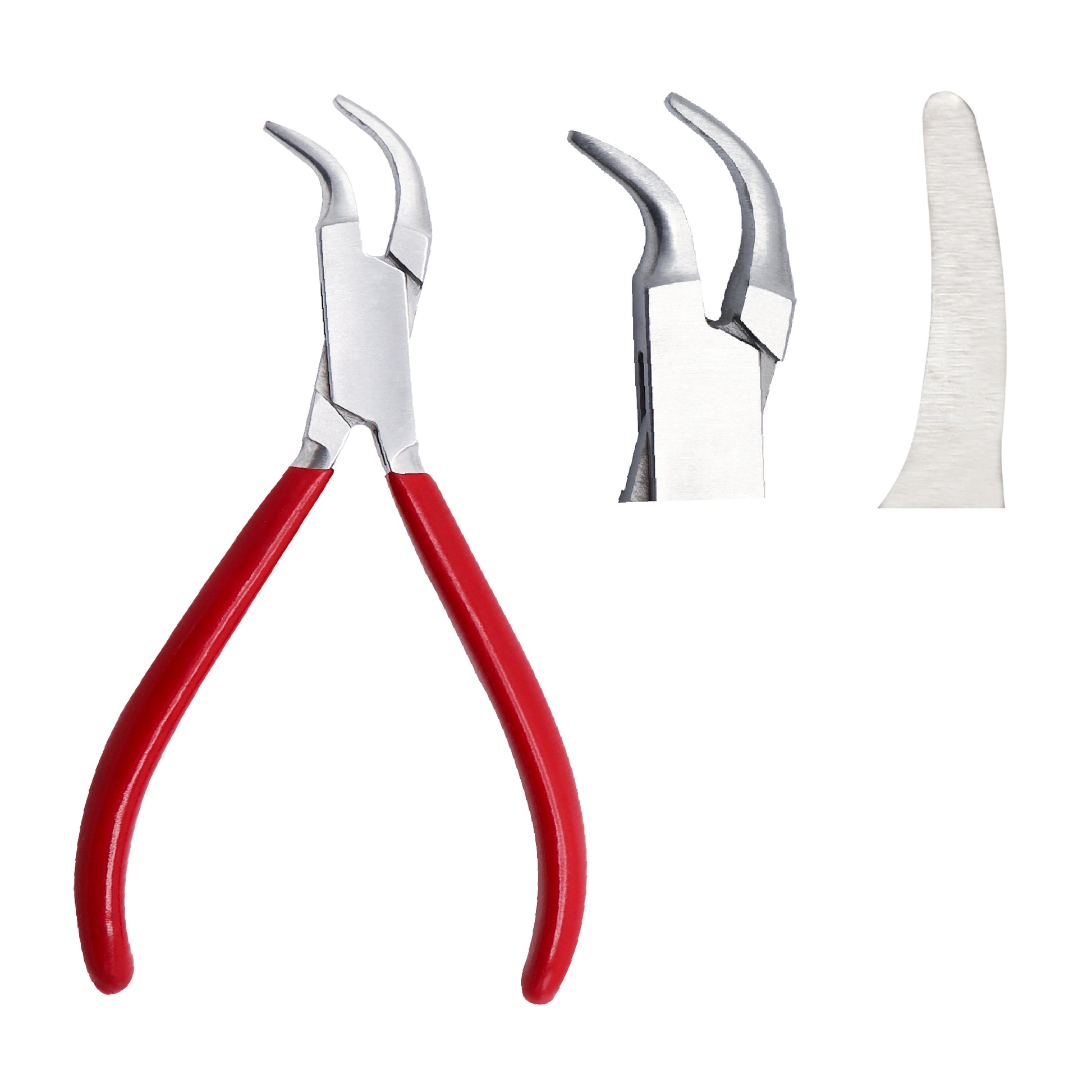 A pair of side angled pliers with smooth jaws, one with red handles and the other with silver handles. A third image shows a close-up of the silver-handled pliers.