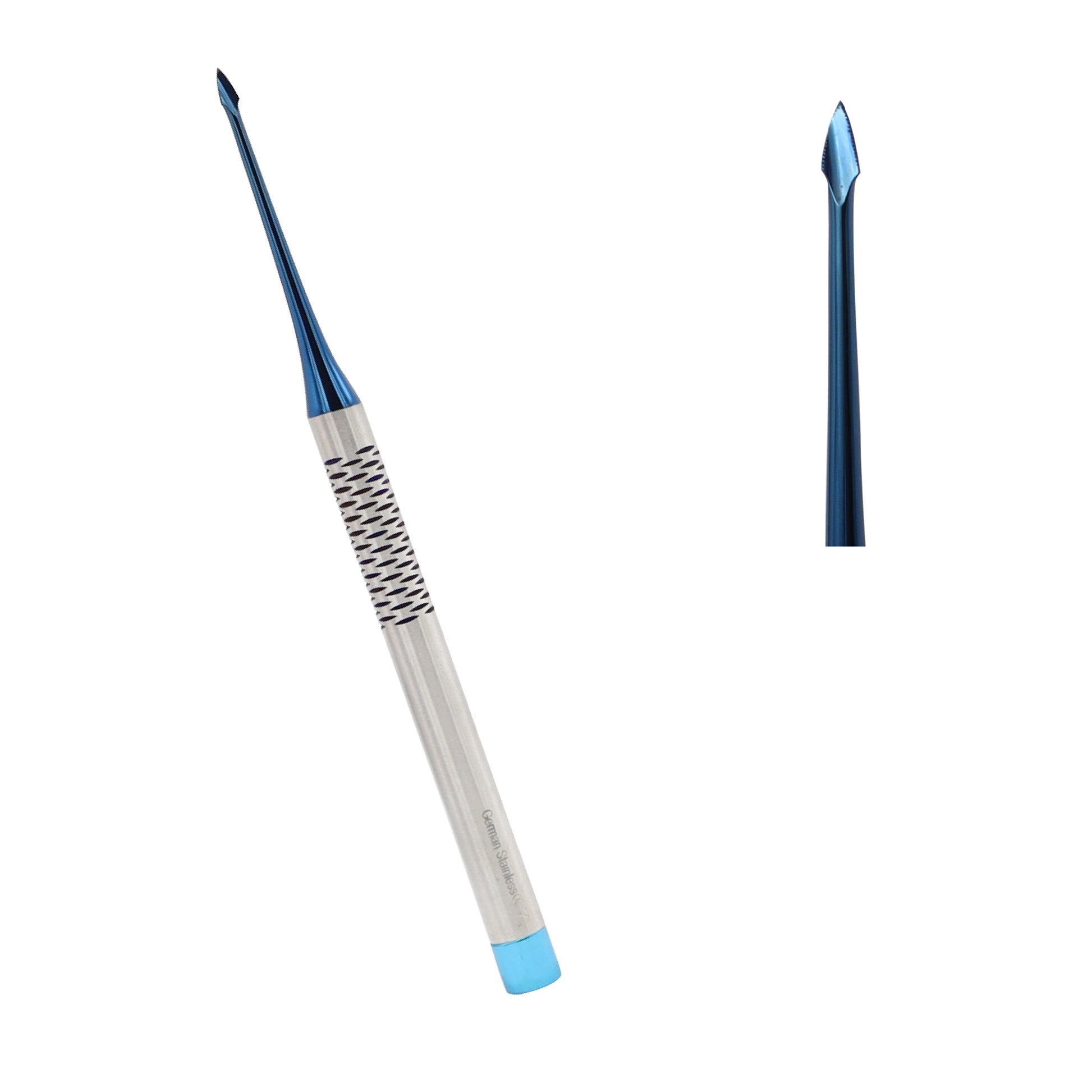 Dental PDL root elevator featuring a blue surgical tip and a green identifier ring on a textured silver handle.