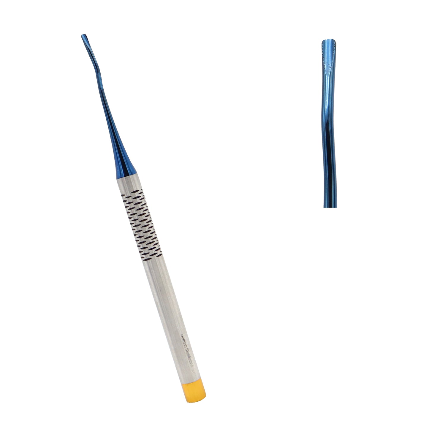 Titanium blue coated PDL luxating root elevator dental surgical instrument with a silver knurled grip handle for tooth extractions.