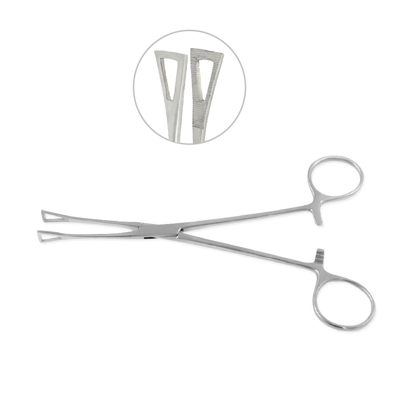 Stainless steel Pennington tissue grasping forceps with triangular fenestrated jaws and ratchet locking handle on a white background.