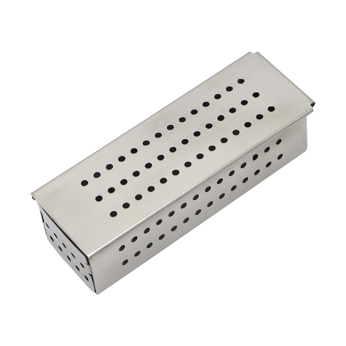 Rectangular perforated stainless steel container used for organizing and autoclaving medical and dental accessories.